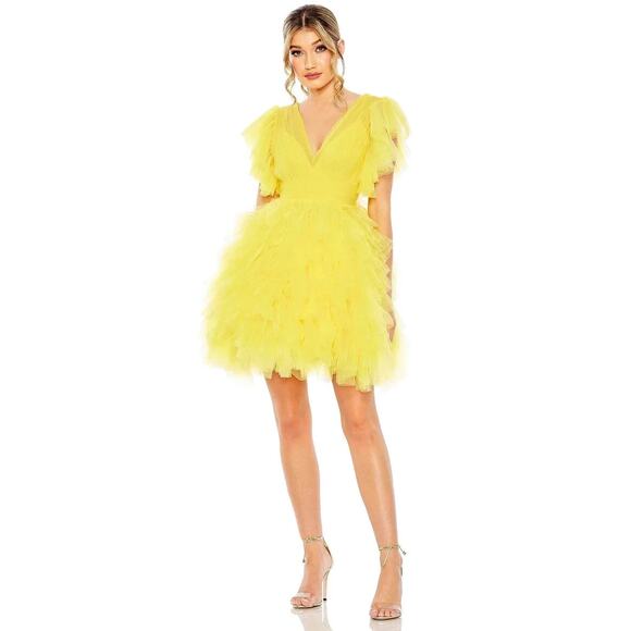 Mac Duggal Women's‎ Ruffled Flutter Sleeve Cocktail Dress Yellow 20505 $598 - Picture 1 of 4